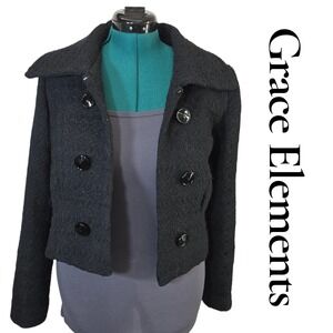 Grace Elements Black Cropped Pea Coat Textured Wool Blend Double Breasted Size 6